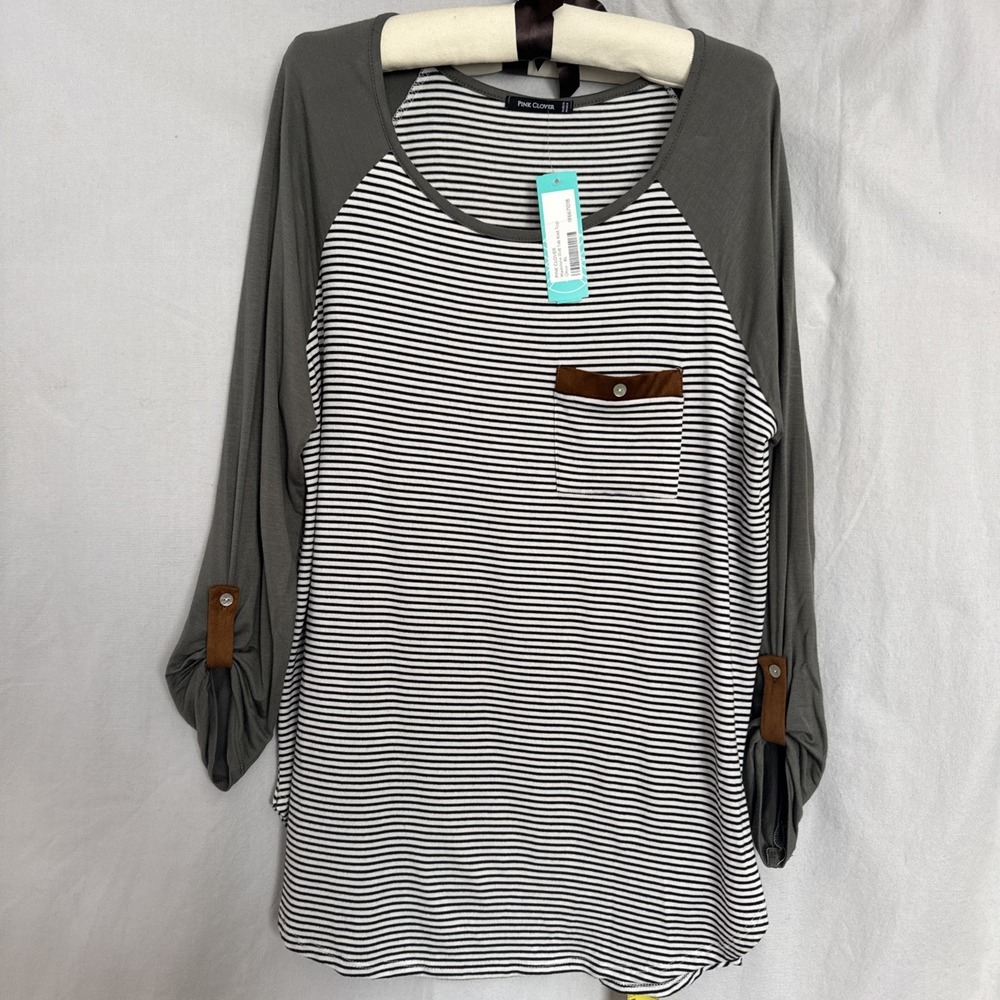 Pink Clover 3/4 Sleeve Pullover Women's Solid Green w/White & Black Stripes XL